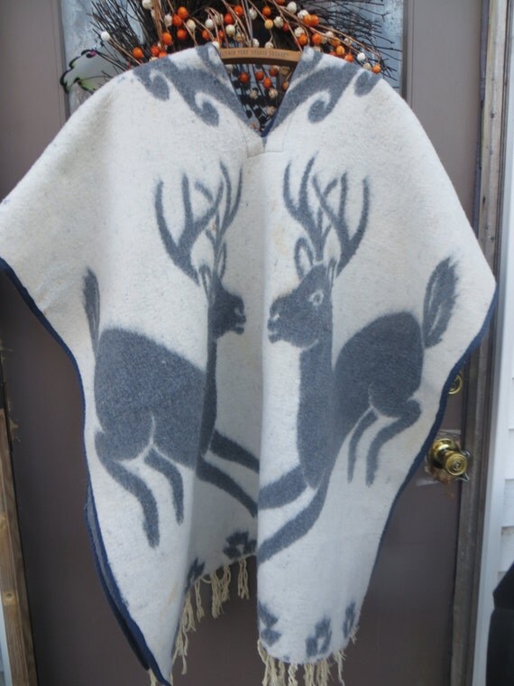 retro vintage woven cobija Mexican Blanket fringe Poncho in