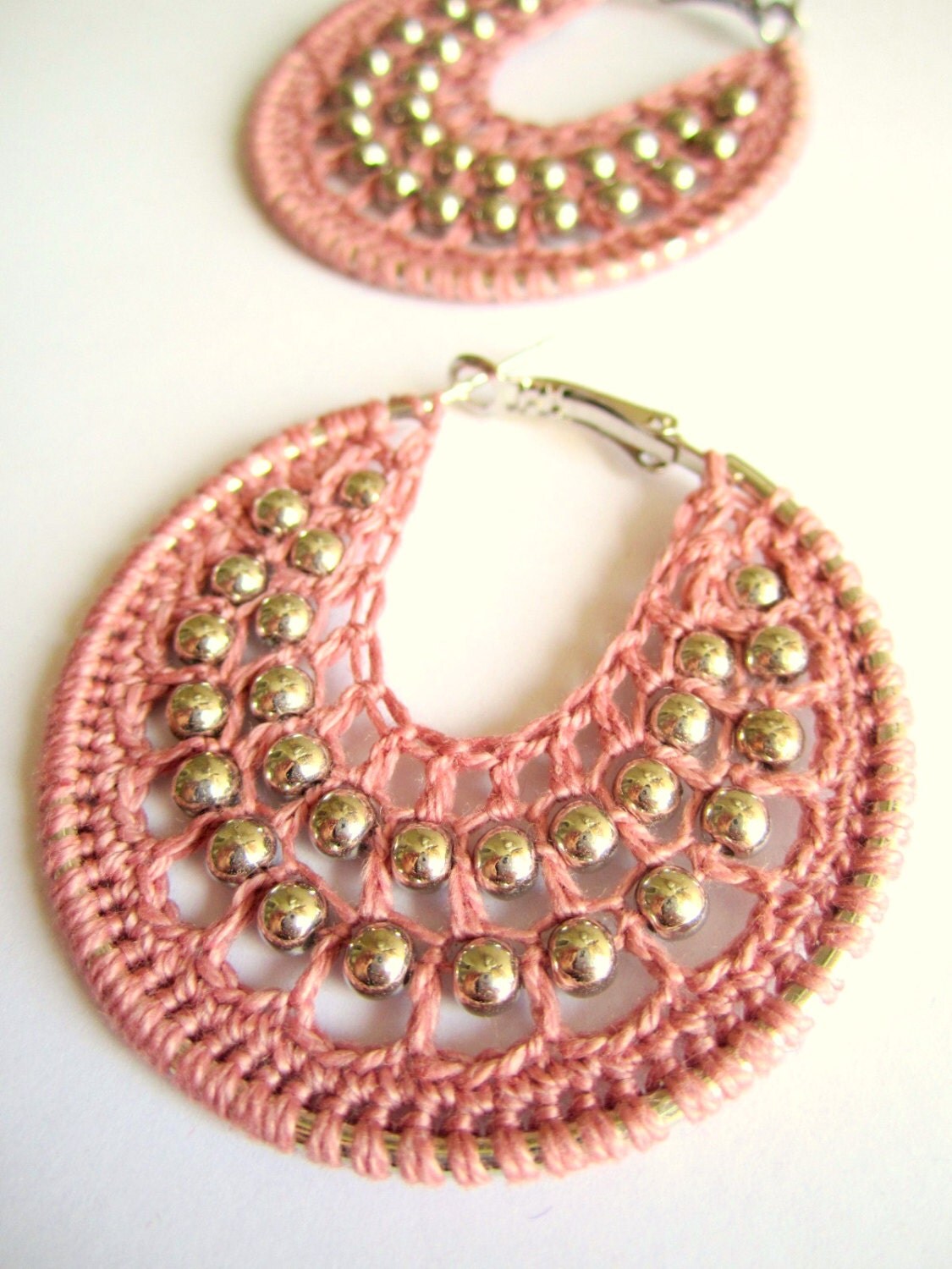 Crocheted hoops with beads in romatic pink by BohemianHooksJewelry