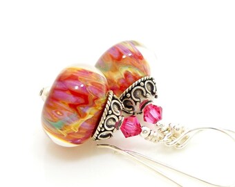 Colorful Earrings, Boro Earrings, Glass Earrings, Lampwork Earrings, Colorful Earrings, Beadwork Earrings, Pink Earrings, Dangle Earrings