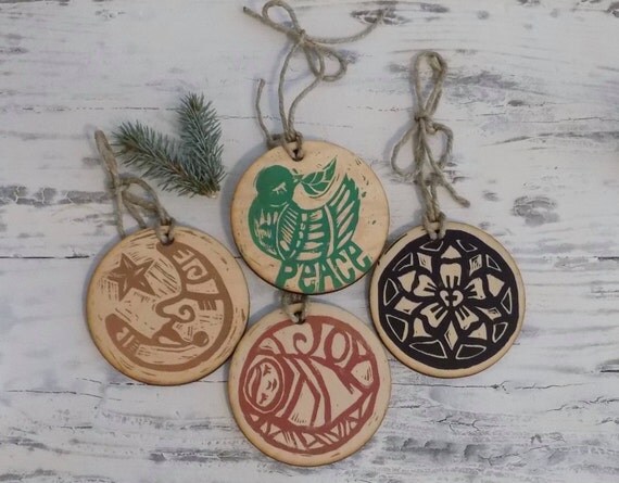 Relief Print Christmas Ornament Set of 4 - Linoleum cut print on wood