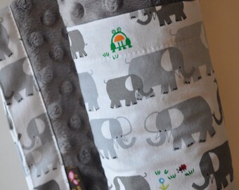 Gender Neutral Organic Baby Infant Toddler Minky XLARGE Snuggle Blanket, Grey Gray Elephant and Grey Gray Minky