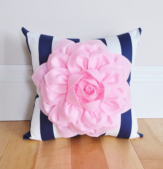 Baby Pink Flower Pillow Navy Stripe Pillow with Light by bedbuggs