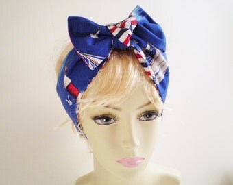 Nautical Head Scarf, Lighthouse Head Scarf, Sailboat Head Scarf, Red White Blue Head Scarf, Red White Blue Stripe Head Sarf