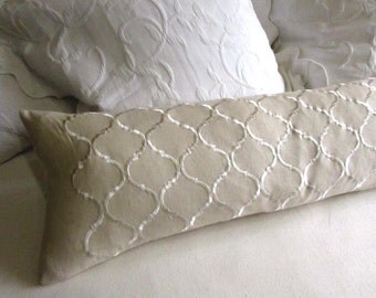 EMBROIDERED LINEN long decorative bolster pillow 12x52 insert included
