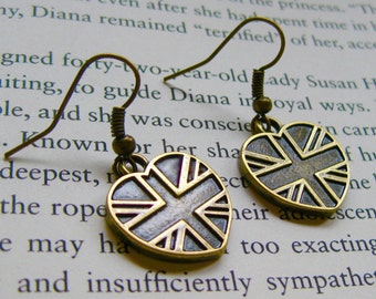 Bronze British Union Jack Flag Heart Earrings