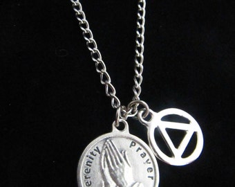 Men's Recovery Stainless Steel Necklace with Serenity Prayer Charm and the AA Symbol - Addiction Jewelry - 12 Step