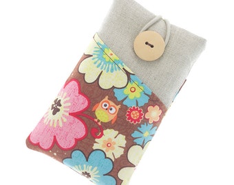 Fabric iPhone 6 Plus case, iPhone 6 case, iPhone 7 case, Galaxy S5 sleeve, S7 pouch, iPod fabric case, floral iPhone pouch, owl, pink brown
