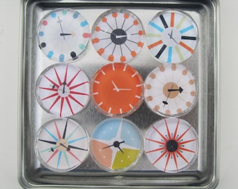 Mid Century Modern Clocks, Refrigerator Magnets, Fridge Magnets with Storage Tin, Retro Magnets