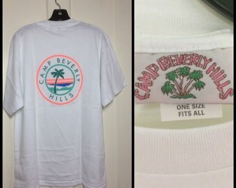deadstock Vintage 1980's Camp Beverly Hills white t-shirt One size Fits All 23x29.5 neon print Palm tree logo oversized nos