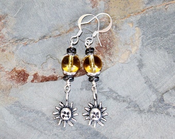 Sun Earrings, Yellow Earrings, Citrine Earrings, Natural Stone Earrings, Sun Jewelry, Dangly Earrings, Handmade Earrings, Spring Earrings