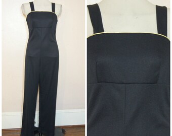 70s Black and Gold Jumpsuit Medium Catsuit Sleeveless Disco Party Wide Leg