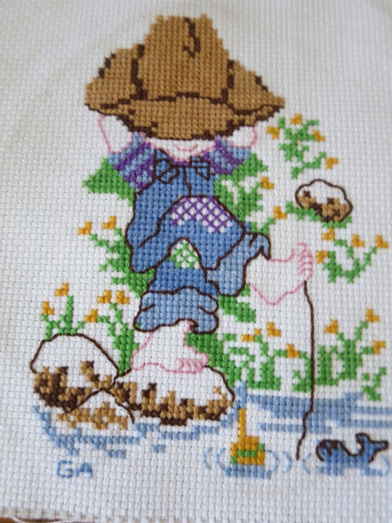 Vintage Cross Stitch Boy Fishing Needlework Completed Ready