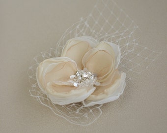 Champagne bridal hair flower, Wedding hair piece, hair clip, weddings accessories ,bridal hair fascinator, headpiece, pearls, rhinestones