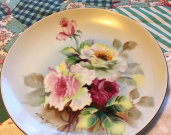 Vintage Red, White and Yellow Roses Hand Painted Decorative Plate Made in Occupied Japan #3657