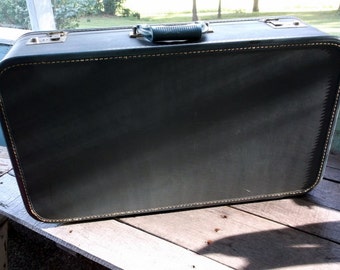 Suitcase Vintage Medium Blue Crown Suitcase Luggage Great for storage or Display or Travel wedding venue photo prop measures 23 x 14 x 7"
