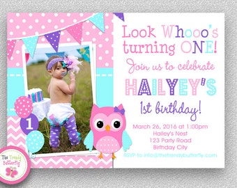 Girls Birthday Invitation , Girls 1st birthday Invitation , Pink Purple Turquoise Blue Owl Invitation , 2nd Birthday , Printed Invitations