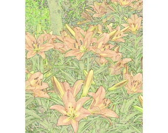 Arts & Crafts Style Floral Art Print of Daylilies in a Garden