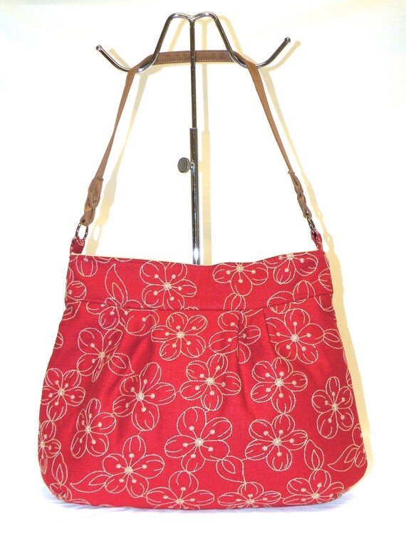 Shoulder Bag in Red Fabric with Embroidered by bagsbystacey