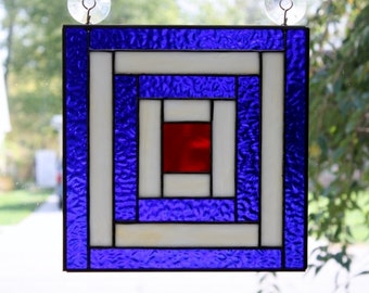 Stained Glass Suncatcher Log Cabin Quilt Panel Handmade