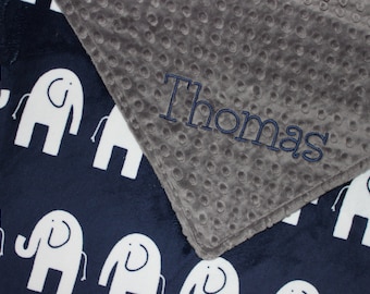 ELEPHANT Baby Blanket, PERSONALIZED Baby Blanket, Navy and Gray Blanket, Double Minky, Custom Blanket, Baby Boy Blanket - Choose Your Colors