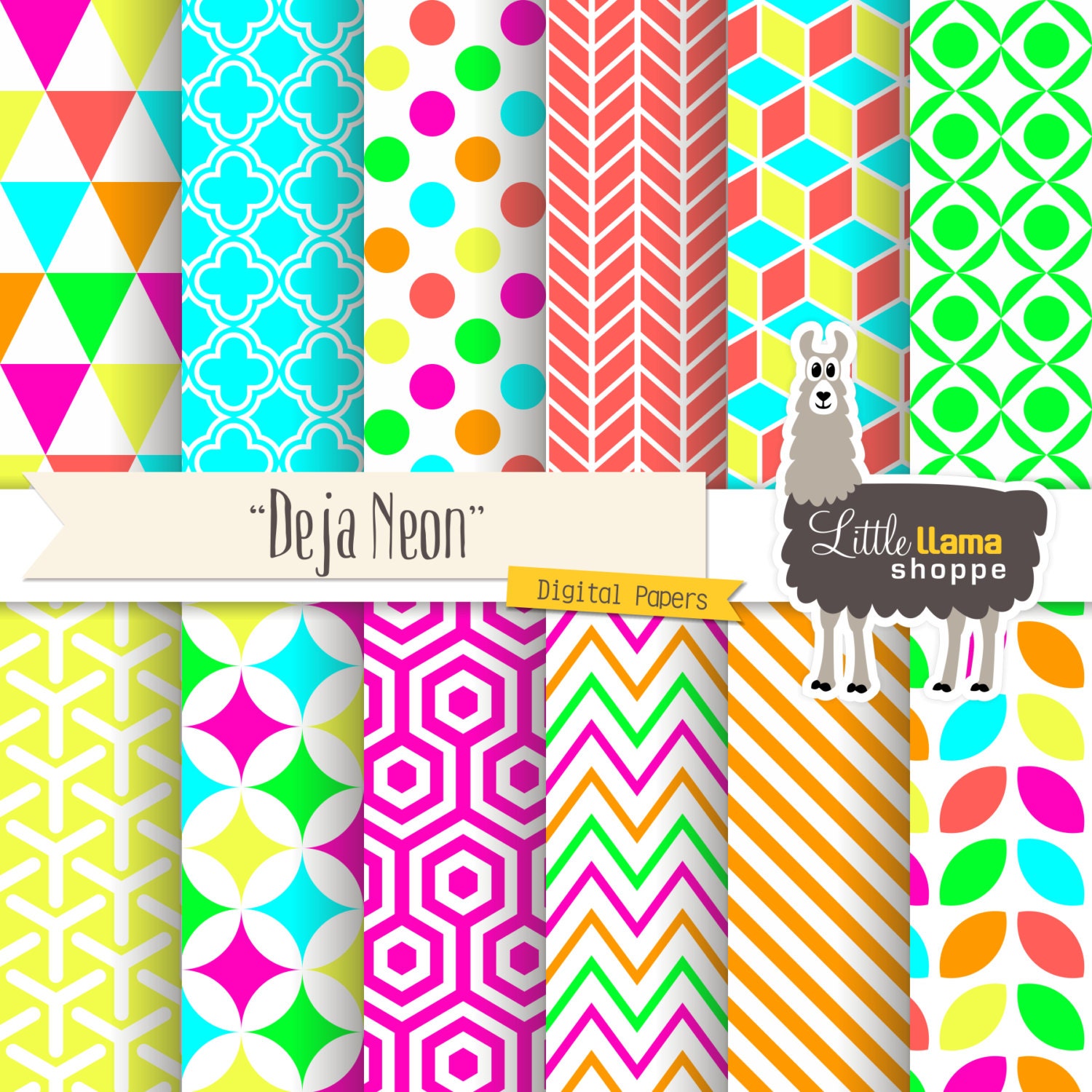 Neon Digital Paper Pack Bright Neon Backgrounds Geometric