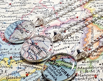 CUSTOM Vintage Map Necklace. You Select Location Worldwide. One Necklace. Silver Map Pendant. Map Jewelry. Travel Gifts. Hometown Christmas.