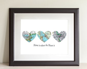 CUSTOM Three Heart Map Art Print. Home Is Where The Heart Is. Print Only. You Select Locations Worldwide And Personaized Text. 3 Heart Map.