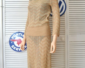 Vintage 70's Womens Dress/2 Piece Lillie Rubin/Sheer Crochet-Knit/Tan/Gold Metallic Thread/Blouse Skirt/Scallop Sleeves & Hem/Small Medium