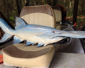 Paddlefish 40" unique chainsaw wood carving spoonbill freshwater river fishing gray and blue home decor lake lodge sculpture art wall mount