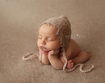 Vintage Bonnet, Boy Bonnet, Newborn Photo Prop, Newborn Bonnet, Taupe Bonnet, Knit Fabric Bonnet, Baby Boy Bonnet, Newborn Hat, Baby Hat