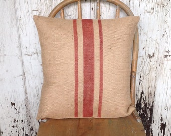 Burlap Rustic Red Striped Pillow Grain Sack Accent Pillow Cover by janes plan
