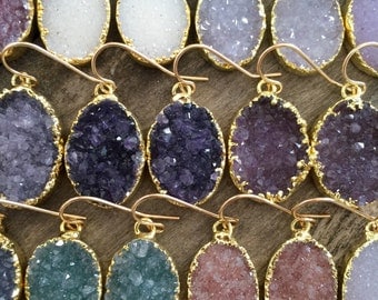 Druzy Earrings, Druzy Quartz Jewelry, Gemstone Earrings, Gold Earrings, Wedding Earrings, Bridesmaid Jewelry, Raw Stone Earrings
