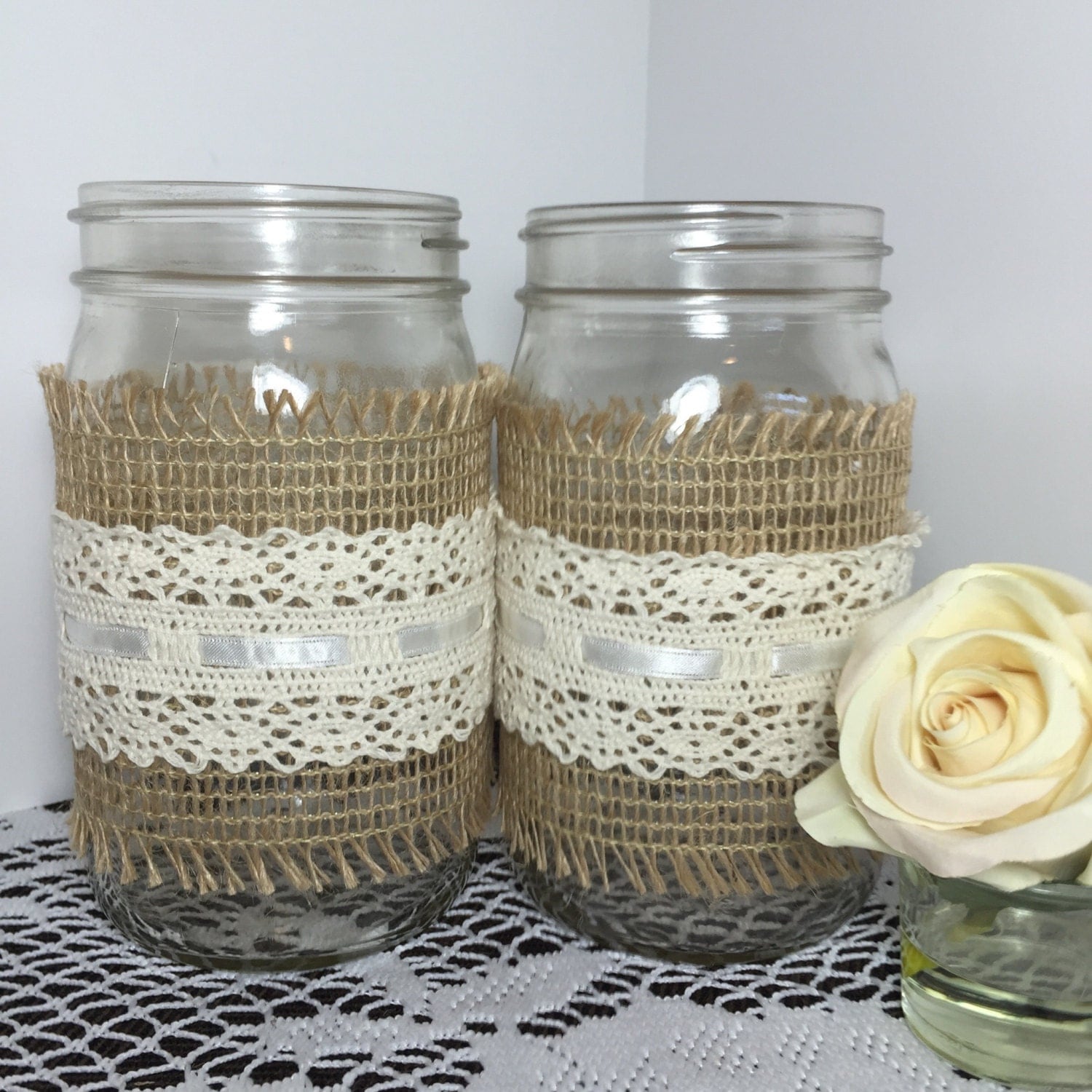 10 Burlap and Lace Mason Jars Wraps wedding by ElianasTreasures
