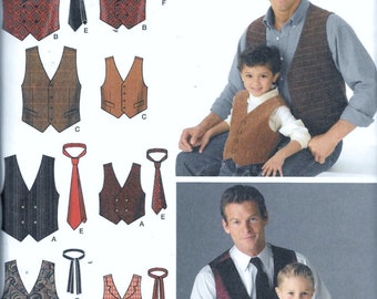 Simplicity Pattern 4762 Vest Necktie String Tie, Boys S, M, L Men's Sizes S, M, L,XL UNCUT Waistcoat Matching Father And Son
