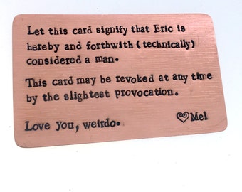 Copper Wallet Insert Card, Copper Hand Stamped, 1st Anniversary item, boyfriend gift, husband gift, Anniversary gift for man, Art