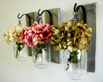 Hanging Mason Jar Wall Decor, Mason Jar Decor, country decor, farmhouse decorating, rustic wall, kitchen decor, shabby chic jar, hydrangea