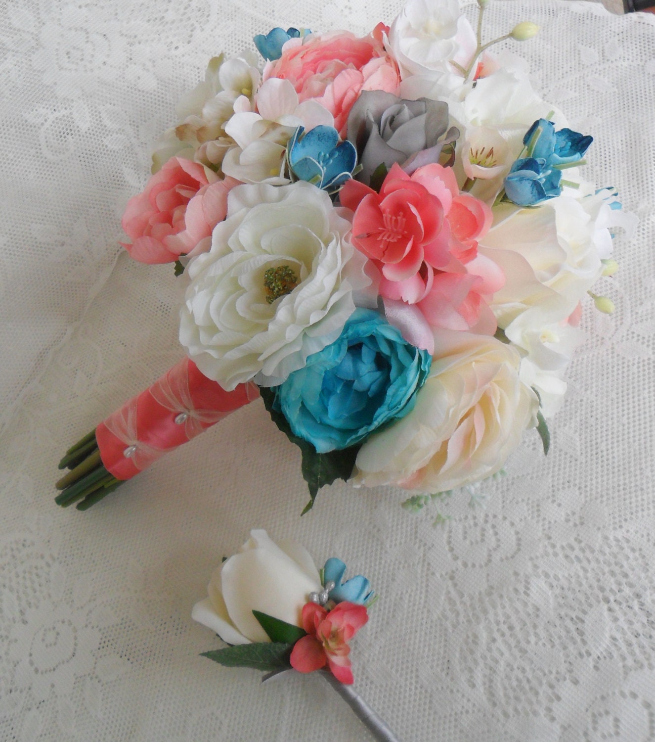 Wedding Bouquet Coral & Turquoise Bridal Bouquet by DarlasBlooms