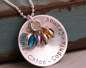 Personalized Mommy Jewelry / Hand Stamped Necklace / Sterling Silver / Big Family Necklace with four kids names