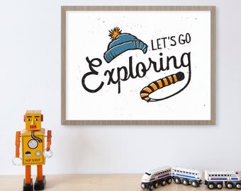 Calvin and Hobbes, Comics, Comic Book Art, Tiger, Let's Go Exploring, Explore Sign, Blue Winter Hat, Adventure, Kids Wall Art, Men's Gift