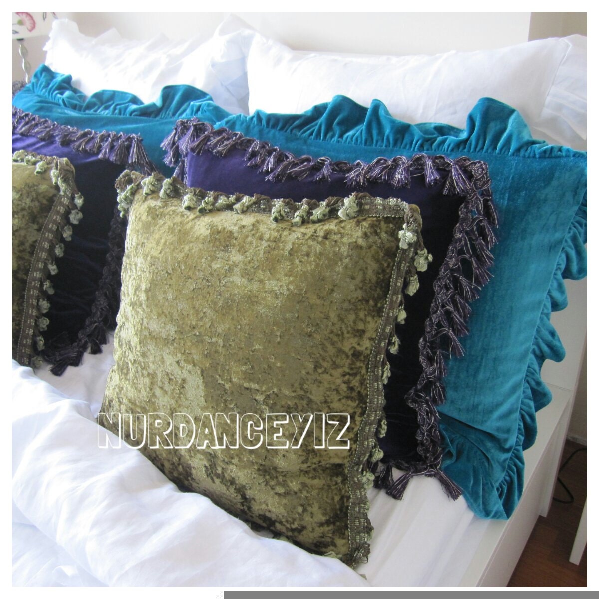 Velvet fringe tassel pillow GREEN square euro sham pillow