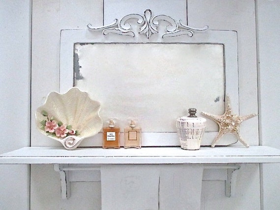 Large Vintage Mirror/Shelf w/Towel Rack, Distressed White, Two Piece