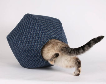 Cat Ball in navy and teal cotton fabrics  - Hexagonal modern pet bed and kitty furniture that is made in the USA
