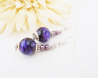 Purple Earrings, Black and Purple Pearl Drop Earrings, Clip On Dangle Earrings, Birthday Gift for Her, Simple Earrings, Dark Purple Jewelry