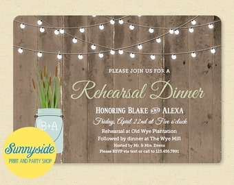 Cattails Rehearsal Dinner Invitation, Rustic Mason Jar Rehearsal Invite, Barnwood Lights, Printable