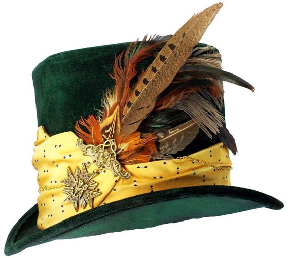 Tall Green Top Hat Mad Hatter Gold Medallion Steampunk