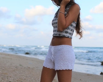 White Lace Shorts White Crocheted Shorts Handknit Summer Clothing
