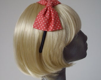Pink Headband, Pink Bow Headband, Pink Polka Dot Bow Headband (Coral), Pink Bow Aliceband, Pink Hair Bow, Pink Hair Accessories