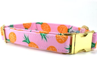 Dog Collar | Pink Pineapple Dog Collar with Gold Colored Metal Side Release Buckle | Unique Dog Collar | Summer Dog Collar | Made to Order