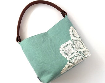Seafoam Linen Hobo Bag with Vintage Doily