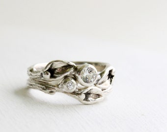 Leaf Ring,White Sapphire Engagement Ring Set, Leaf Ring, Silver Branch Ring,Twig Ring, Leaf Engagement Ring